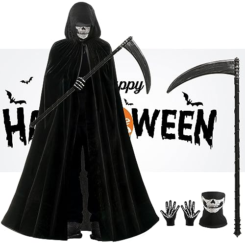 JAICOM Sensenmann Kostüm, Halloween Umhang Set mit Totenkopfmaske, Glühhandschuhen und Sense, Horror, Gruselig, Geeignet für Erwachsene, Halloween Party, Karneval, Cosplay