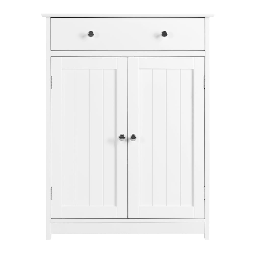 Yaheetech Armadietto da Bagno Autoportante, Mobile da Terra con Ripiano Regolabile Bianco, 80 x 60 x 30 cm, Mobiletto in Legno con 2 Ante e Cassetto, Armadio da Ingresso Portaoggetti