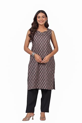 Image of Ichaa Women's Pure Cotton A-Line Sleeveless Round-Neck Ethnic Short Kurta for Daily and Office Wear, in Plus Sizes