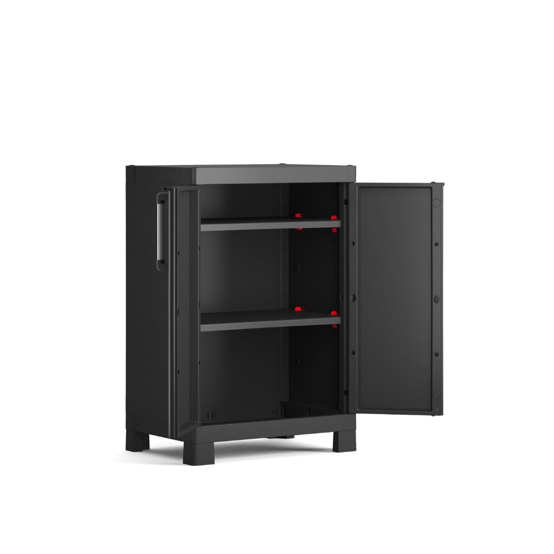 Keter Armoire Basse Detroit - Armoire de Rangement Multifonctions - Étagères Modulables, Pieds renforcés et Ajustables - Cuisine, Garage, Atelier, Placard - 65 x 39 x 97 cm - Noir