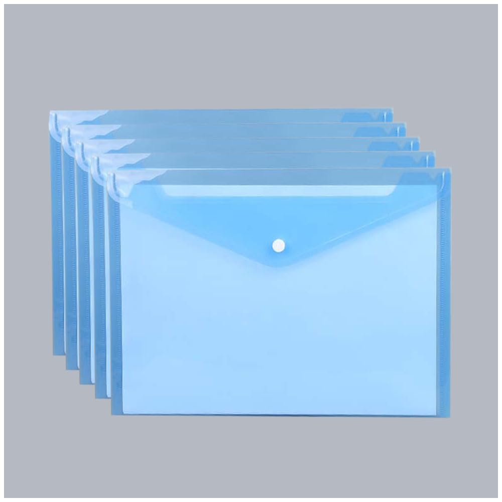 5PCS A4 Plastic File Bag, Transparent Document Folder Waterproof, Plastic Envelopes Wallet with Snap Button for School Home Office, Blue