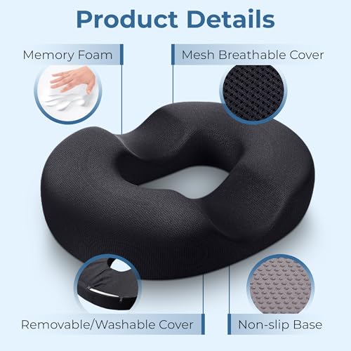 5 STARS UNITED Donut Pillow Hemorrhoid Tailbone Cushion – Large Black Seat Cushion Pain Relief for Coccyx, Prostate, Sciatica, Pelvic Floor, Pressure Sores, Pregnancy