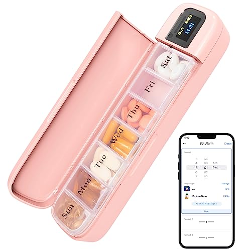 Zoksi Bluetooth Electronic Pill Dispenser with Alarm, Smart Pill Organizer with Reminder&Light, Pill Timer Tracker, Automatic Medication Dispenser, Weekly 7 Day Pill Case 1 Time a Day for Travel(Pink)