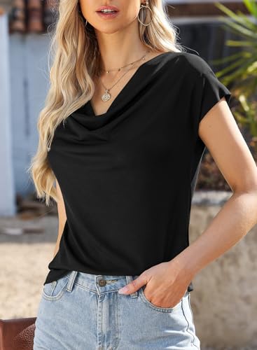EVALESS Shirts for Women Fashion 2025 Cowl Neck Tops for Women Dressy Casual Short Sleeve Clothes Summer Outfits3