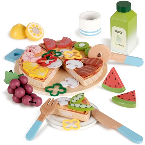 Wooden Pizza Toy, Wooden Food Toys for Toddlers 1-3, Wooden Play Food with Basket, Pretend Play Toys for Kids, Kitchen Playset for Toddlers 3-5, Cutting Food Toys, Gift for Girls Boys 3 4 5 6
