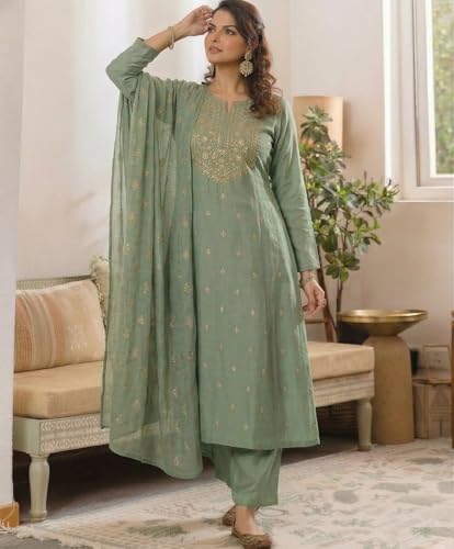 Image of ANNI Designer Women's Viscose Straight Printed Embroidery Kurta with Pant & Dupatta | Long Sleeve Ethnic Kurta Set for Women | Casual Office, Daily, Party Outfits