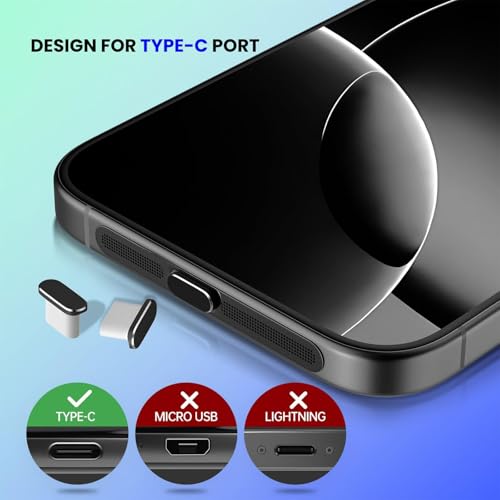 BelleVive 2 Tapones de Polvo USB-C de Metal, 5 Redes para Auriculares, Protector de Polvo de Altavoz para iPhone 16/15/16 Pro MAX, Negro - imagen 3