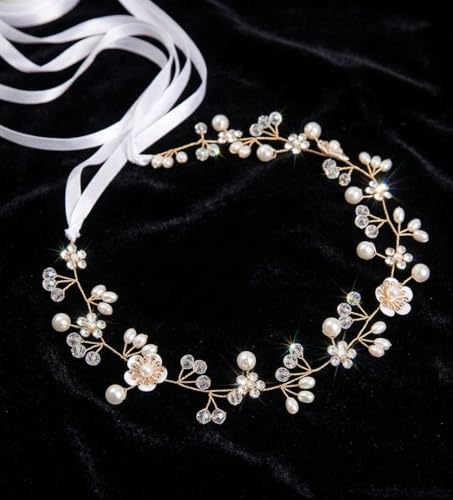WOVOWOVO Accesorio para el pelo de niña de las flores para boda, corona de niña dorada, tocado de perlas para novia, diadema de princesa, accesorios para el cabello de cristal para fiesta de