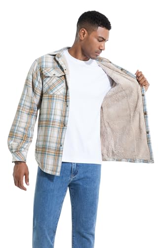 Image of Men's Sherpa Cotton Flannel Shirt Jacket Plaid Button Coat Pocket