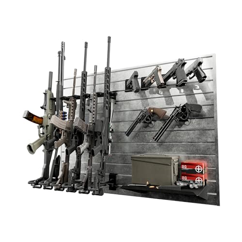 Hold Up Displays Gun Wall Mount Display, Modular Tactical Wall For 6 Pistols And 6 Rifles, Police Gear Rack And Equipment Organizer, Heavy-Duty Aluminum Light Silver Slatwall Gun Storage System cover