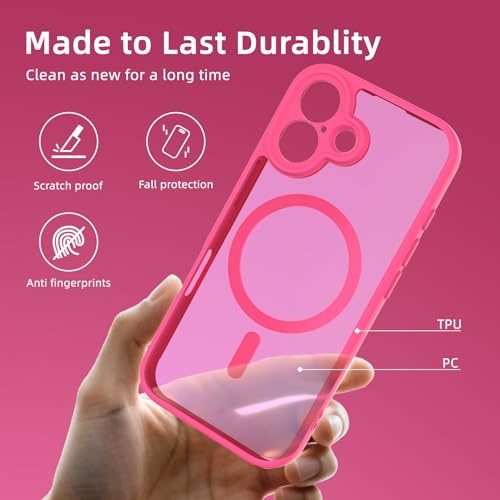 Coque iPhone 16 rose vif magnétique et mate transparente de 6,1 pouces pour MagSafe - 4