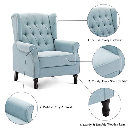 Artechworks Winged Fabric Modern Accent Chair Tufted Arm Club Chair Linen Single Sofa With Wooden Legs Comfy Upholstered For Reading Living Room Bedroom Office,Light Blue #TOP6