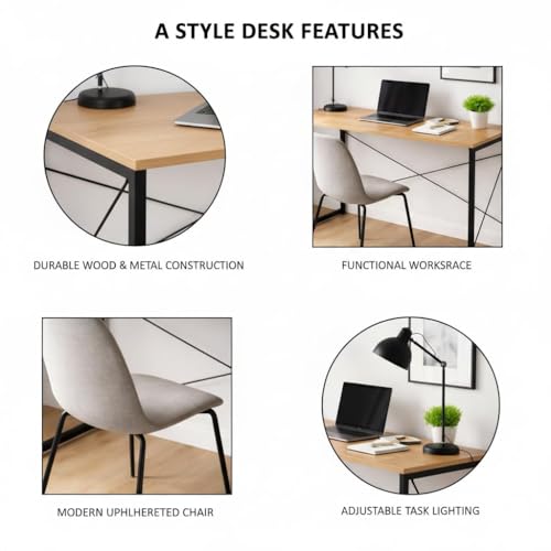 Image of Modern Wooden Computer Desk Home Office Study Desk with Metal Frame, Minimalist Writing Desk Laptop PC Workstation Table for Home Office Study Room Bedroom (Brown)