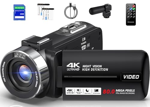 Peryoua Camcorder Video Camera 4K HD 80MP Vlogging Camera for YouTube IR Night Vision Camera 18X Digital Zoom 3.0 IPS Screen Video Recorder with 32GB SD Card, 2 Batteries, Remote Control