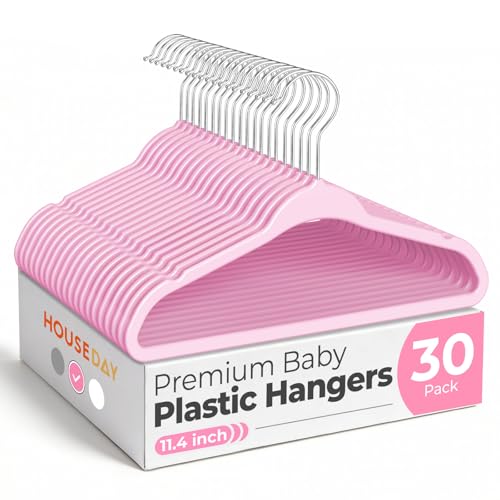 Image of HOUSE DAY 11.4 Inch Baby Hangers 30 Pack - Plastic Kids Hangers Space Saving Thin Profile, Children Closet Organizers with Rotatable Hook of 360°, Heavy Duty for Toddler Clothes Nursery - Pink