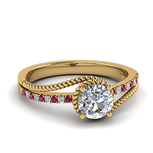 Image of Choose Your Gemstone Rope Split Shank Diamond CZ Ring Yellow Gold Plated Round Shape Split Shank Engagement Ring Minimal Modern Design Birthday Gift Wedding Gift US Size 4 to 12