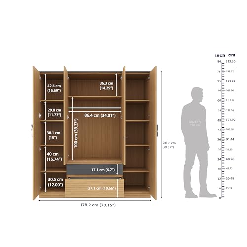 Image of Wakefit Elphi 4 Door Wardrobe with Mirror Urban Teak,Grey Foil
