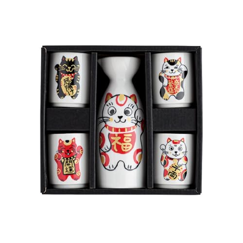 Image of Waraku Fuuka Japanese Sake Wine Soju Porcelain Set with 4 Ochoko Cups and Tokkuri Bottle Gifts (Maneki Neko Set)