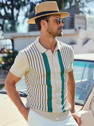 Les umes Men's Knit Polo Shirts Short Sleeve Button Down Shirts Striped Summer Beach Casual Shirt4