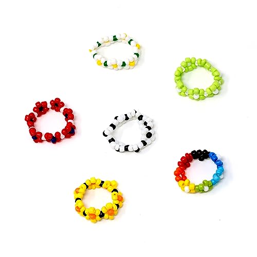 yueton 6Pcs Dopamine Hand-beaded Elastic Ring Set Colorful Adjustable Braid Small Flower Flower Ring for Seaside Holiday Bohemian Holiday Hand Jewelry
