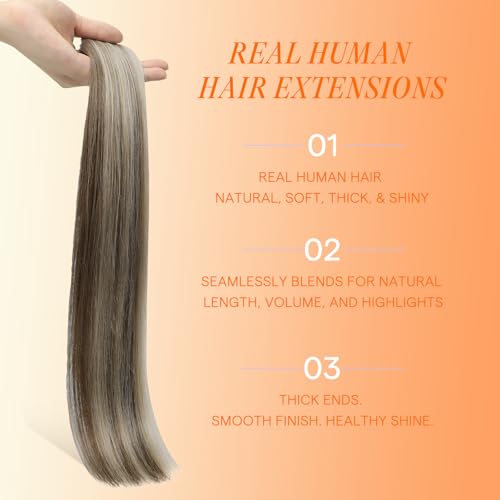 Image of Full Shine Injected Tape in Extensions Color Ash Brown Mixed Ash Blonde Natural Seamless Tape in Hair Extensions Human Hair 20Pcs 50g 24 Inch Silky Straight Skin Weft for Bridal Wedding Style