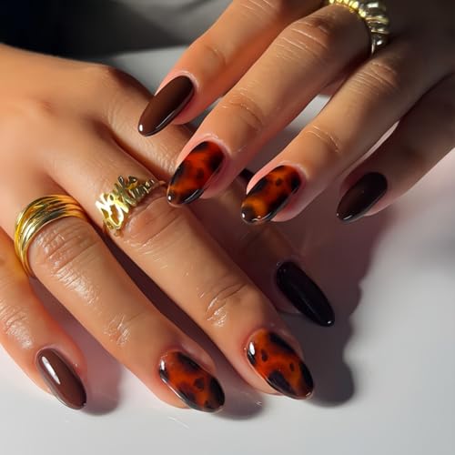 Image of Leopard Press on Nails Brown Fake Nails Short Almond False Nail with Design Cheetah Glue on Nails Artificial Acrylic Glossy Full Cover Fall Winter Sticker on Nail for Women Manicure 24Pcs