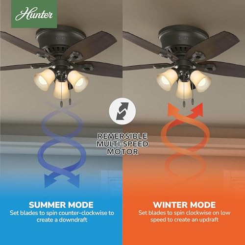 Image of Hunter 42 inch Indoor Ceiling Fan with LED Lights & Remote - Bronze Ceiling Fan, Pull Chain, for Bedroom, Living Room, or Kitchen, Low Profile Flush Mount, 5 Blades - Builder 51091, New Bronze