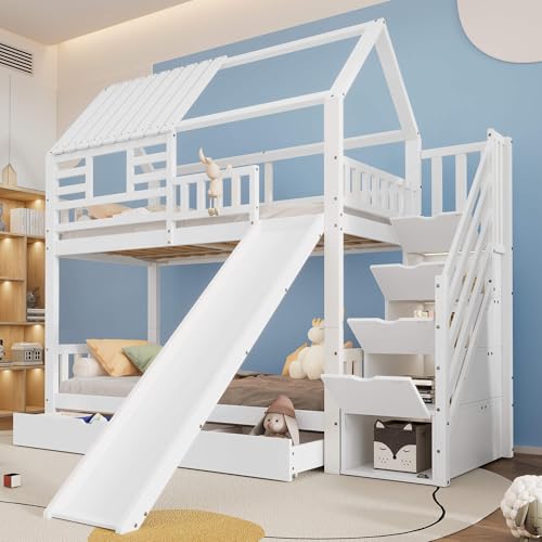 HYUB Litera para niños de 90 x 200 cm con tobogán y cajones, cama litera juvenil con escalera y espacio de almacenamiento, marco de cama con somier y protección anticaídas, color blanco