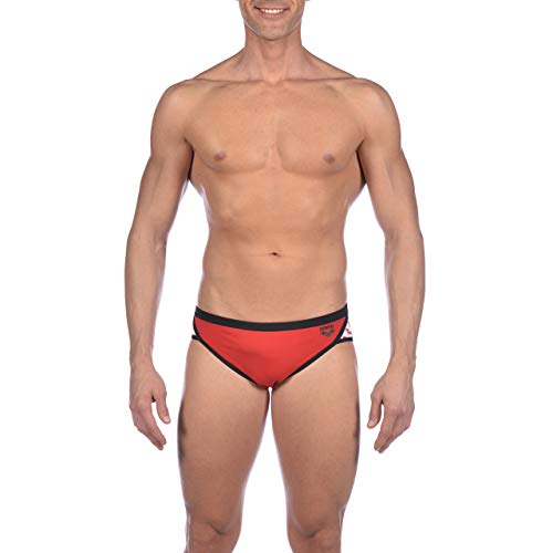 Arena Men's Team Stripe MaxLife Brief Swimsuit, Red/Black, 32