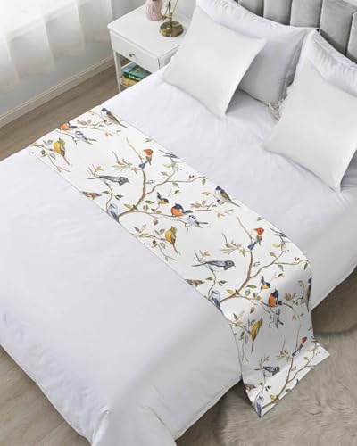 Spring Bird Bed Runner for Full/Queen Size, Retro Leaf Flower Branch Animal Watercolor Bedspread Protector Slipcover Bed Scarf for Foot Runners & Scarves for Bedroom Hotel Wedding Room 83x20 Inches