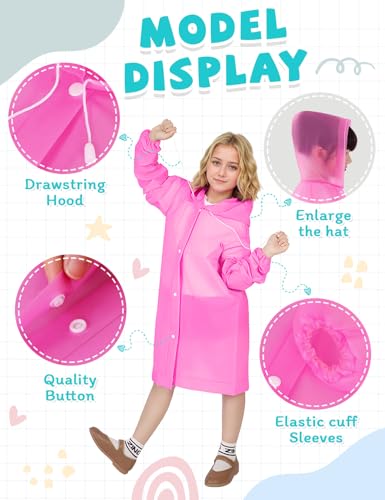 Maveek 4 Pack Kids Raincoat for Boys and Girls, 4 Colors Waterproof Poncho Hooded Rain Jacket for Kids Ages 5-10, Reusable Children Rain Coats for Theme Park, School, Camping, Hiking, Travel3