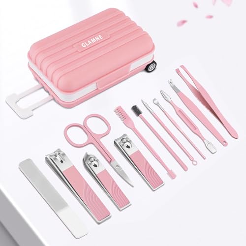 Glamne Nail Clippers for Women, 12cs Women's Grooming Kit, Multi-Purpose Manicure Pedicure Facial Tools Include Nail Clippers, Scissors, Tweezers with Mini Suitcase(Pink) - Image 4