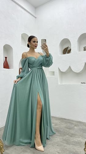 Women's Bridesmaid Dresses with Long Sleeves Spaghetti Strap Split Ruched Wedding Guest Dress with Pockets3