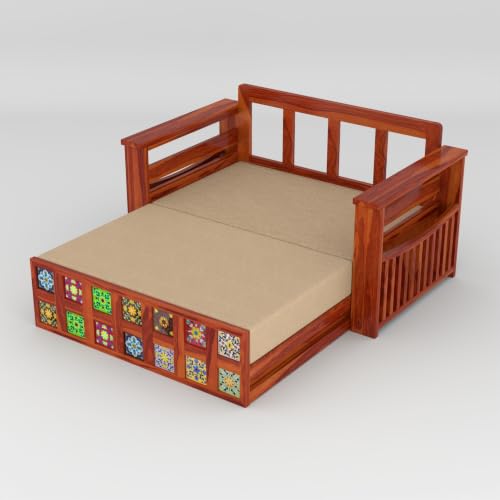 Image of Solid Sheesham Wood Sofa Cums Bed with Mattress & Storage | Rosewood Convertible Sofa Bed for Living Room & Bedroom (F-Honey, 2 Seater)