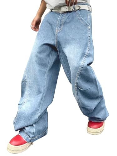 Zewool Jeans Baggy para Hombre con Costuras Irregulares – Pantalones de Denim de Pierna Ancha Y2K Hip Hop Moda Casual Ajuste Suelto Corte Recto Fit Relajado Skater Skateboard,D10 Azul Claro,XXL