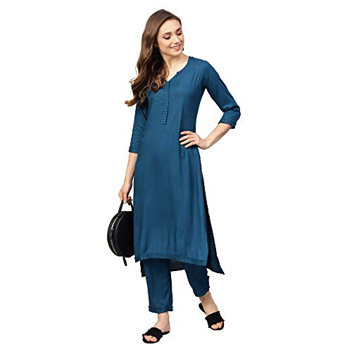 Image of idaLia Rayon Solid Straight Kurta with Pant Set - Women Kurta Set for Wedding, Formal Occasions - 3 /4 Sleeve, Calf Length, Round V Neck, Fusion Wear