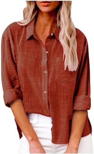 Linen Shirts for Women Button Down Plain T-Shirts Long Sleeve Collared Casual Blouses Dressy Work Tops with Pockets Linen Shirts for Women Button Down Plain T-Shirts Long Sleeve Collared Casual Blouses Dressy Work Tops with Pockets