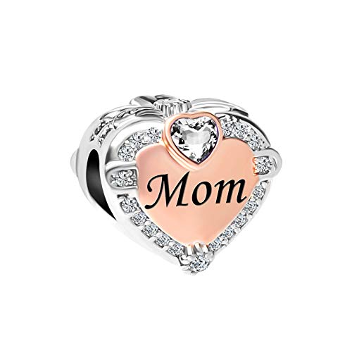 Image of Two-tone Family Rose Gold Love Heart Charm fits Pandora Charms Moments Bracelets Clear Cubic Zirconia Birthstones