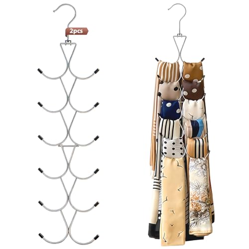 2 Pcs Scarf Hanger with 12 Hooks Metal Foldable Scarf Organiser Space Saving for Scarves Clothes Belts & Ties Load Capacity Up to 10 kg
