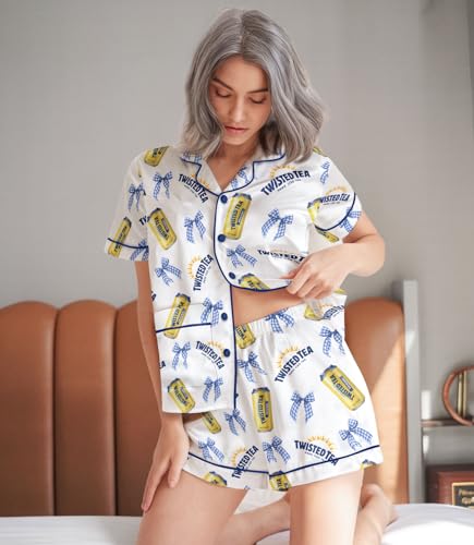 Image of HUNTFAMI Women Silky 2 Pcs Satin Pajama Set Long Sleeve Button Down