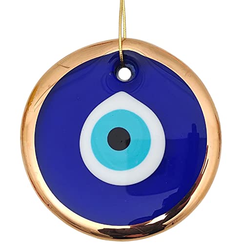 Image of Handmade Blue Glass Turkish Gold Evil Eye Hanging for Home Entrance, Nazar Battu Protection Amulet for Good Luck & Prosperity - Main Door & Wall Decor (11cm)