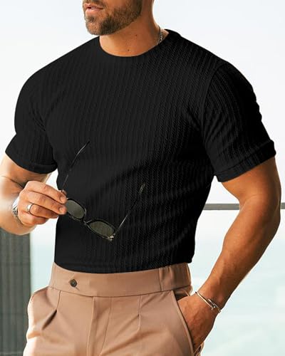Men's Ribbed Knit T-Shirts Short Sleeve Casual Crewneck Slim Fit Textured Pullover Tees3