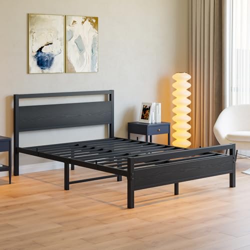 Image of BOFENG Full Size Bed Frame with Wood Headboard,Heavy Duty Platform Bed Frame Full with Storage No Box Spring Needed,Reinforced Steel Slats Support,Mattress Foundation,Black