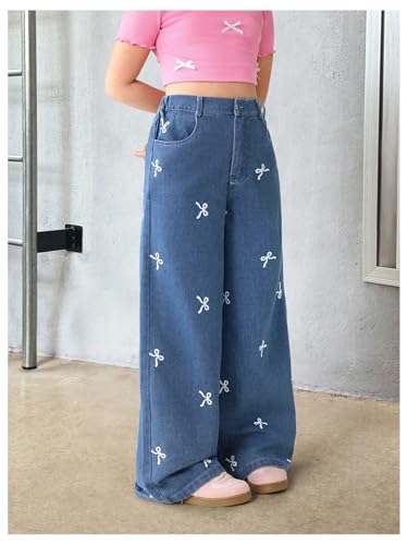WDIRARA Girl's Bow Print Baggy Jeans Cute High Waisted Wide Leg Denim Pants4