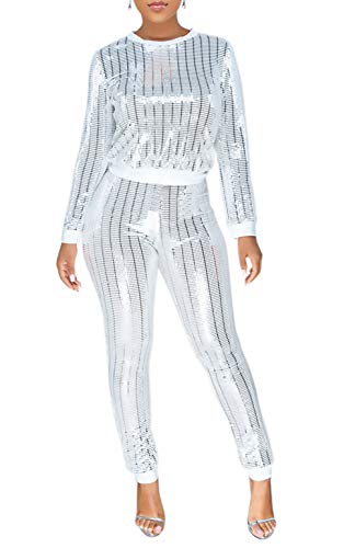 2 Piece Night Clubwear Outfits for Women Long Sleeve Top and Metallic Shiny Pants Glitter Clubwear