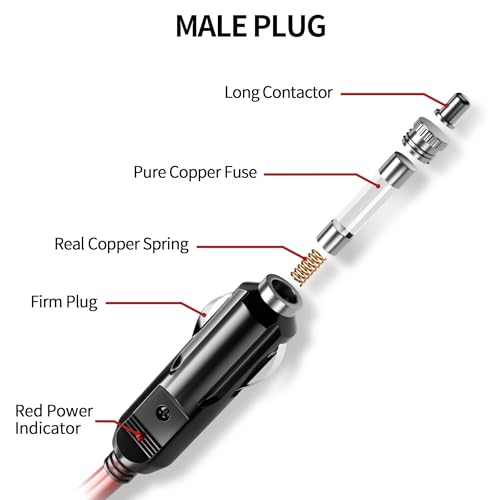 Image of Energeaster 15 FT 6 A Cigarette Lighter Extension Cord with Fuse & LED Power Indicator, Male-to-Female Extension Cord Cable 12V /24V Car Charger with Cigarette Lighter Socket, Red