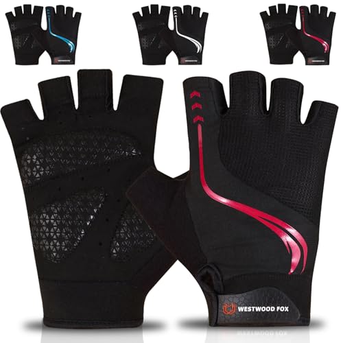WESTWOOD FOX Guantes de Ciclismo para Hombres y Mujeres, Guantes Transpirables de Medio Dedo para Bicicleta de montaña con Palma Acolchada Antideslizante Que Absorbe los Golpes (Rojo, XL)