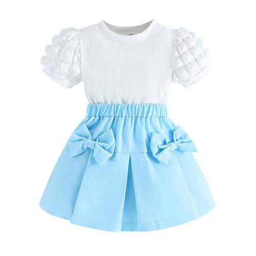 Image of Toddler Girl Summer Outfits Puff Short Sleeve Ribbed Knit Tops Mini Skirt Set Cute Girl Clothes