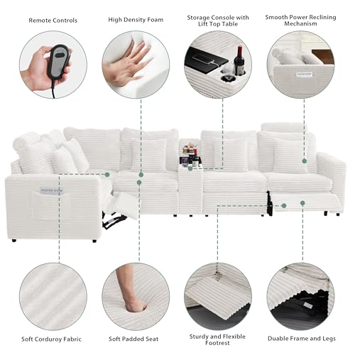 Image of RARZOE Oversized Modular Sectional Sofa with 2 Power Recliner, 5-Seater L-Shaped Corduroy Reclining Couch with Storage Console Charging Cup Holders, Fluffy Reclining Couches for Living Room,White