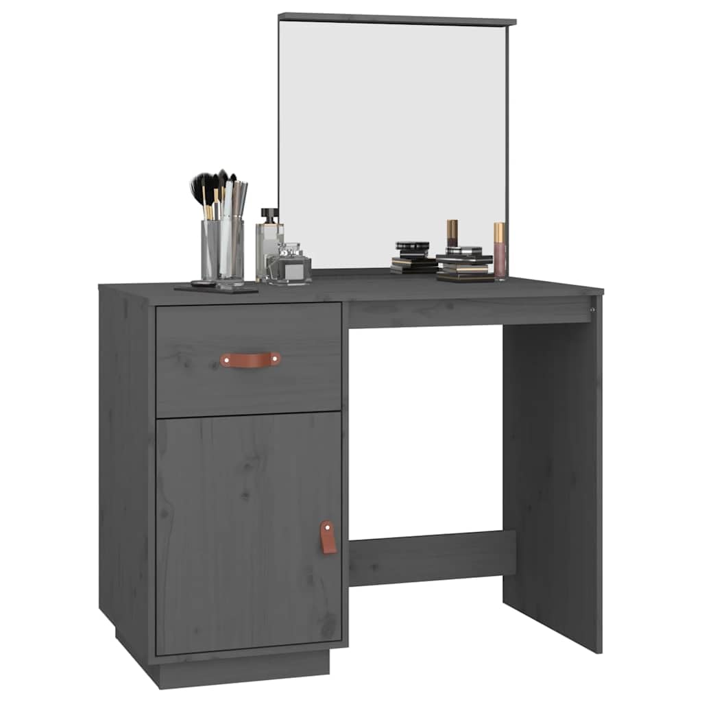 Schminktisch Grau 95x50x134 cm Massivholz Kiefer mit Spiegel Schublade 2 Fächer Schminkkommode Stauraum für Schlafzimmer Frisiertisch Make-up